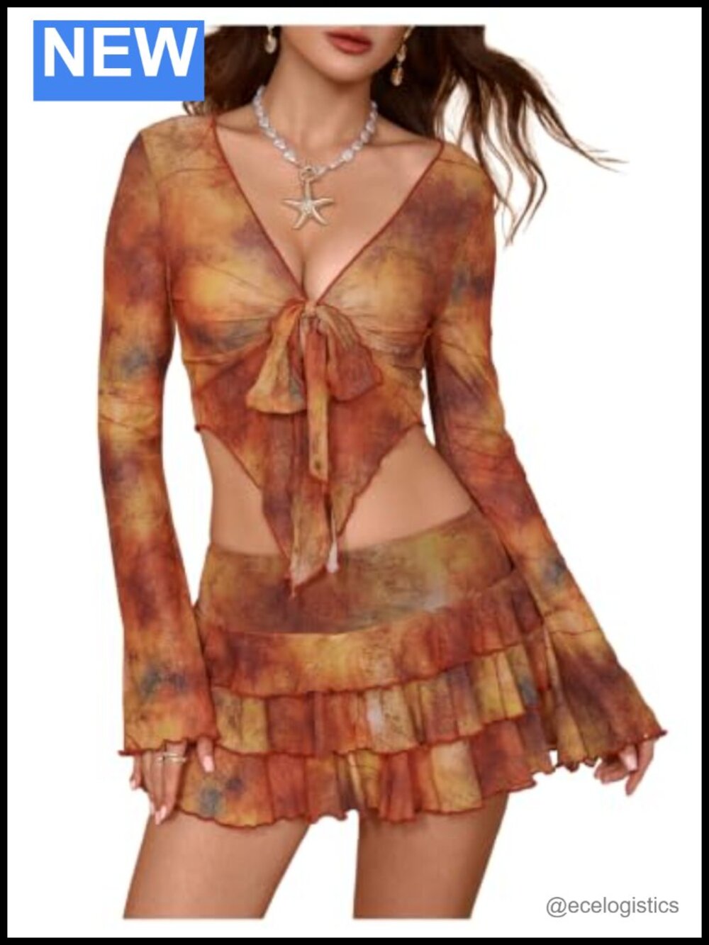 2 Piece Outfit Tie Front Bell Sleeve Crop Top Ruffle Mini Skirt Set